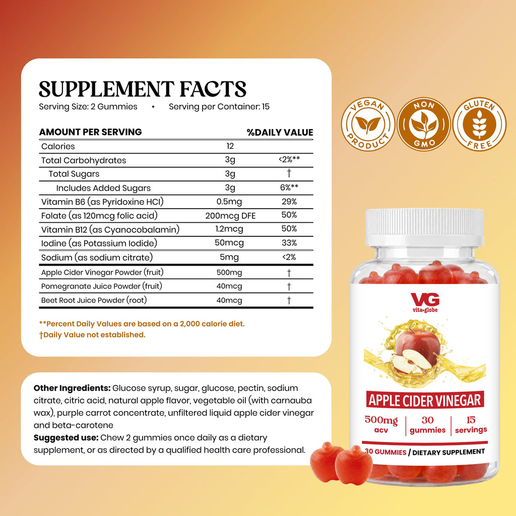 Vita Globe Apple Cider Vinegar Gummies 500mg with Mother - 30 Count - image 2