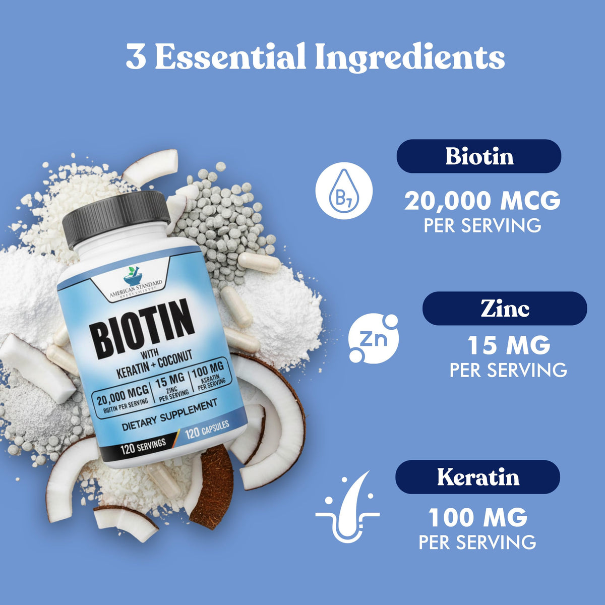 American Standard Supplements Biotin 20,000mcg with Keratin & Zinc - image 4