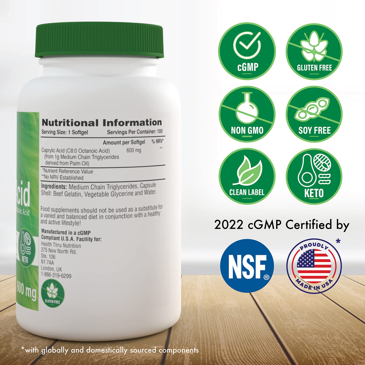 Health Thru Nutrition Caprylic Acid 600mg - 100 Softgels - image 2