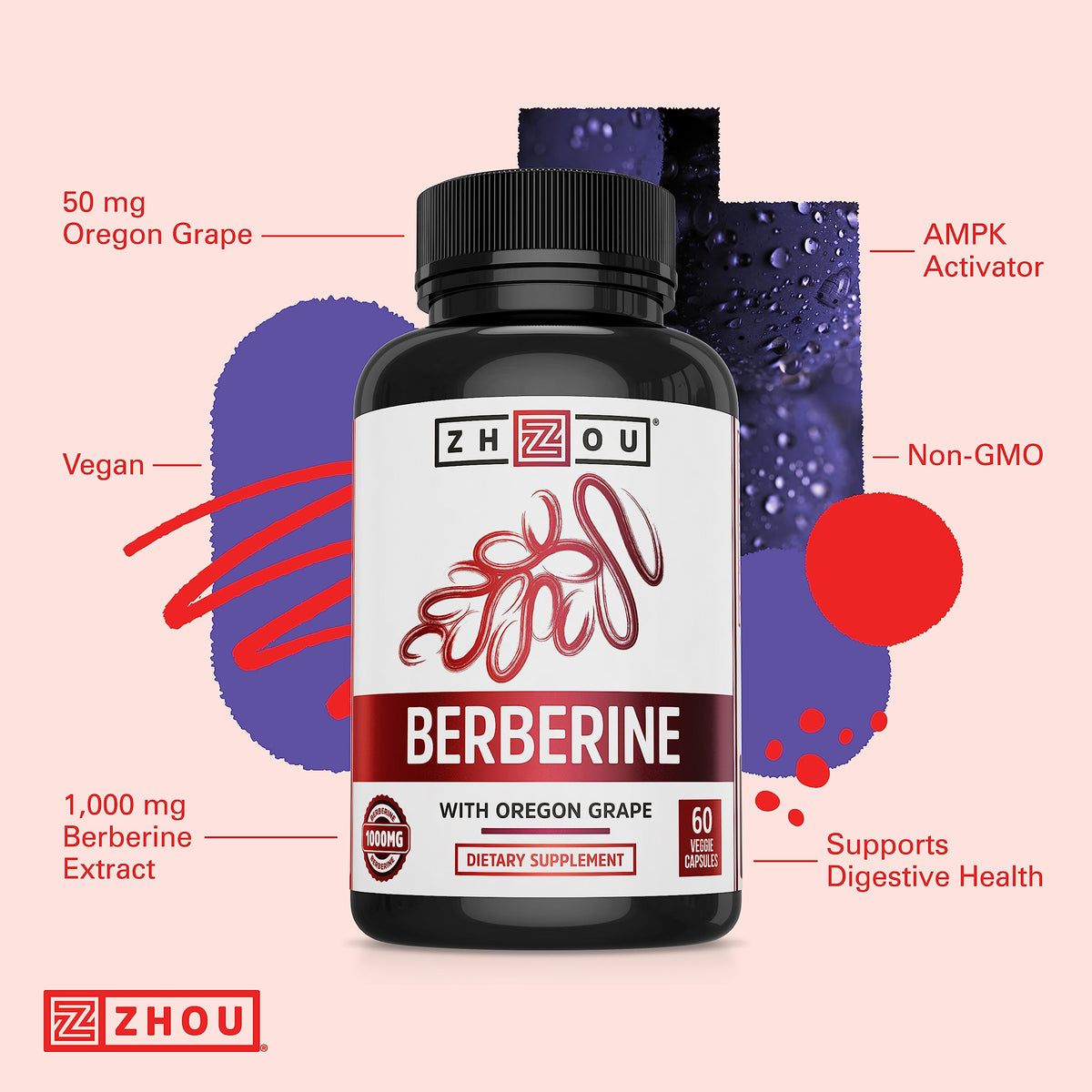 ZHOU Berberine with Oregon Grape 1000mg - 60 Vegetarian Capsules - image 3