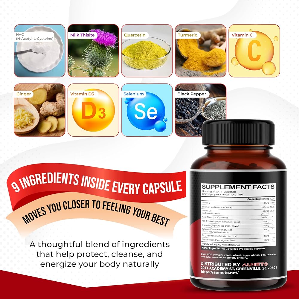AUMETO Complete NAC 9-in-1 with Milk Thistle & Quercetin - 180 Capsules - image 3