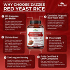 Zazzee Organic Red Yeast Rice 20:1 Extract with CoQ10 - 120 Capsules - image 5