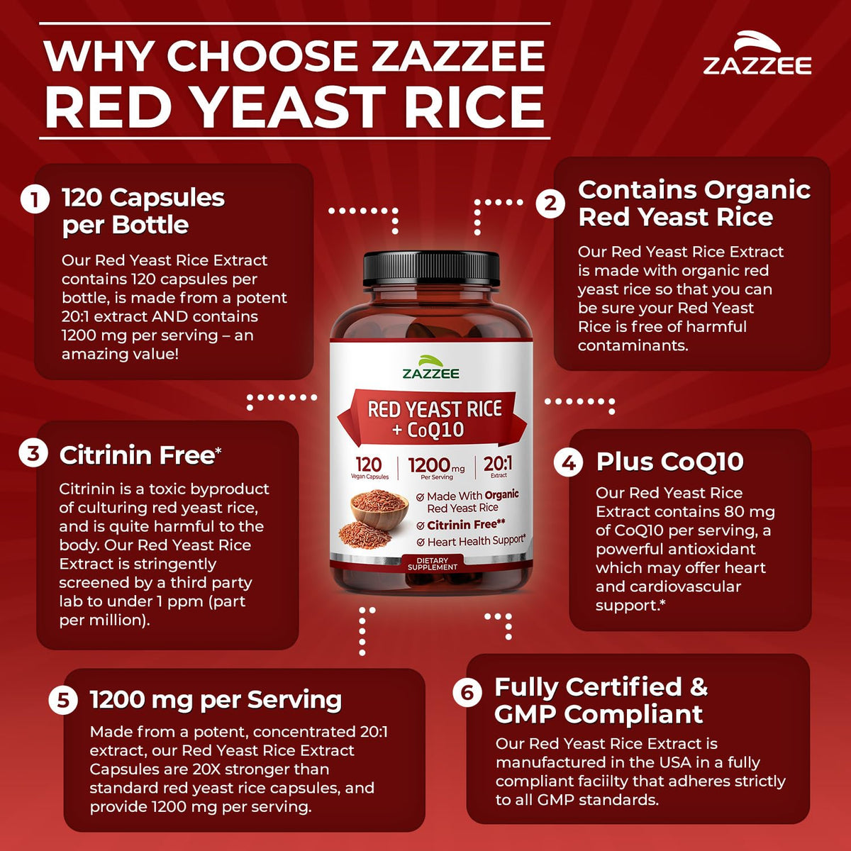 Zazzee Organic Red Yeast Rice 20:1 Extract with CoQ10 - 120 Capsules - image 5