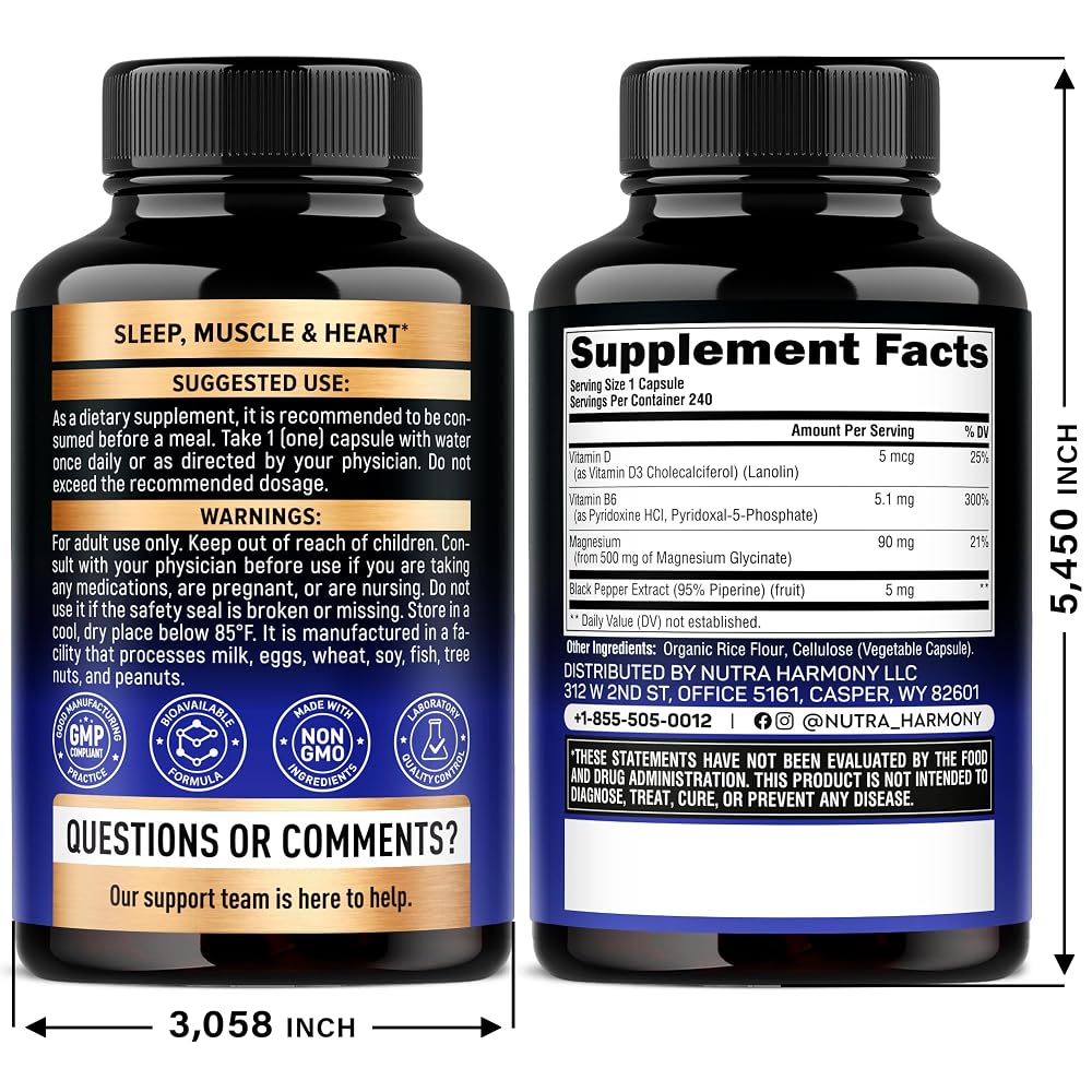 NUTRAHARMONY Magnesium Glycinate 500 mg - Chelated Supplement - High