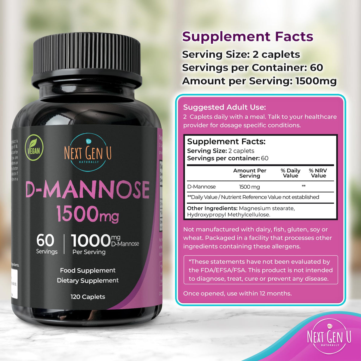 NGU Next Gen U D-Mannose 1500 mg - 120 Vegan Caplets - image 4