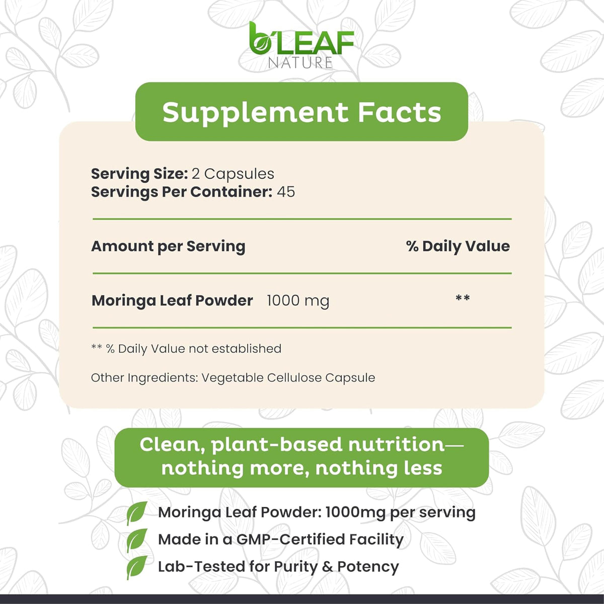 B'LEAF NATURE Organic Moringa Oleifera, 1000mg