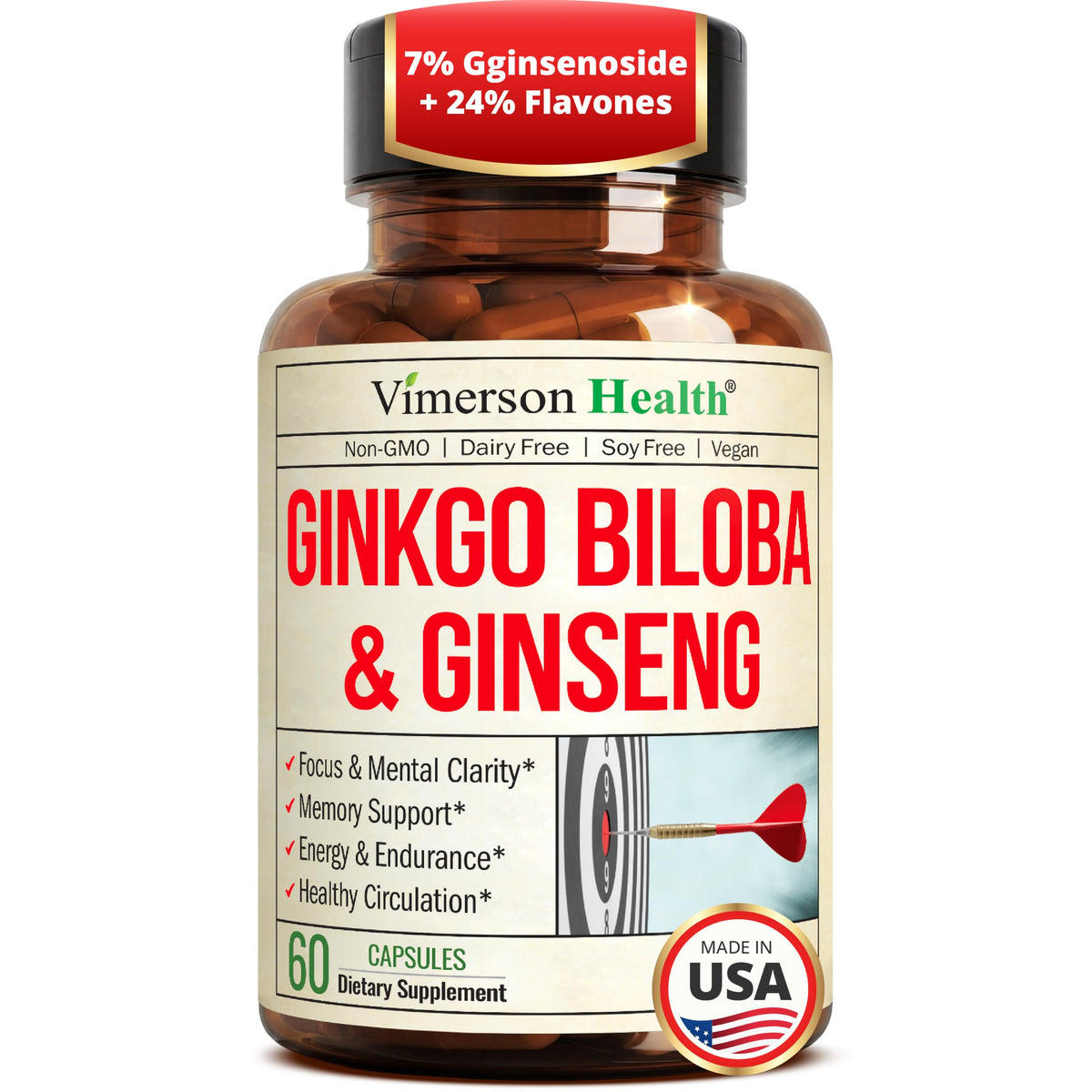 Vimerson Health Asian Ginseng & Ginkgo Biloba Brain Support - 60 Capsules