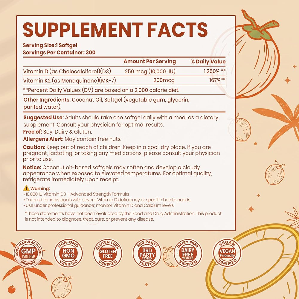 VEV Vitamin D3 K2 10,000 IU - 300 Softgels - image 2