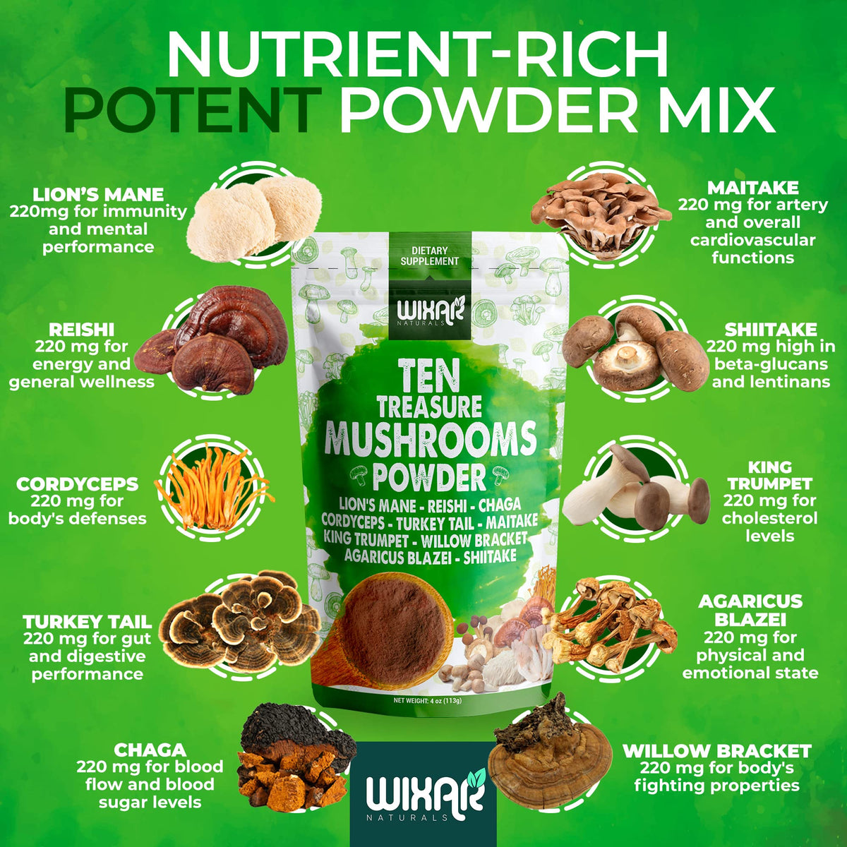 Wixar Naturals Ten Treasure Mushroom Powder - 4 oz - image 2