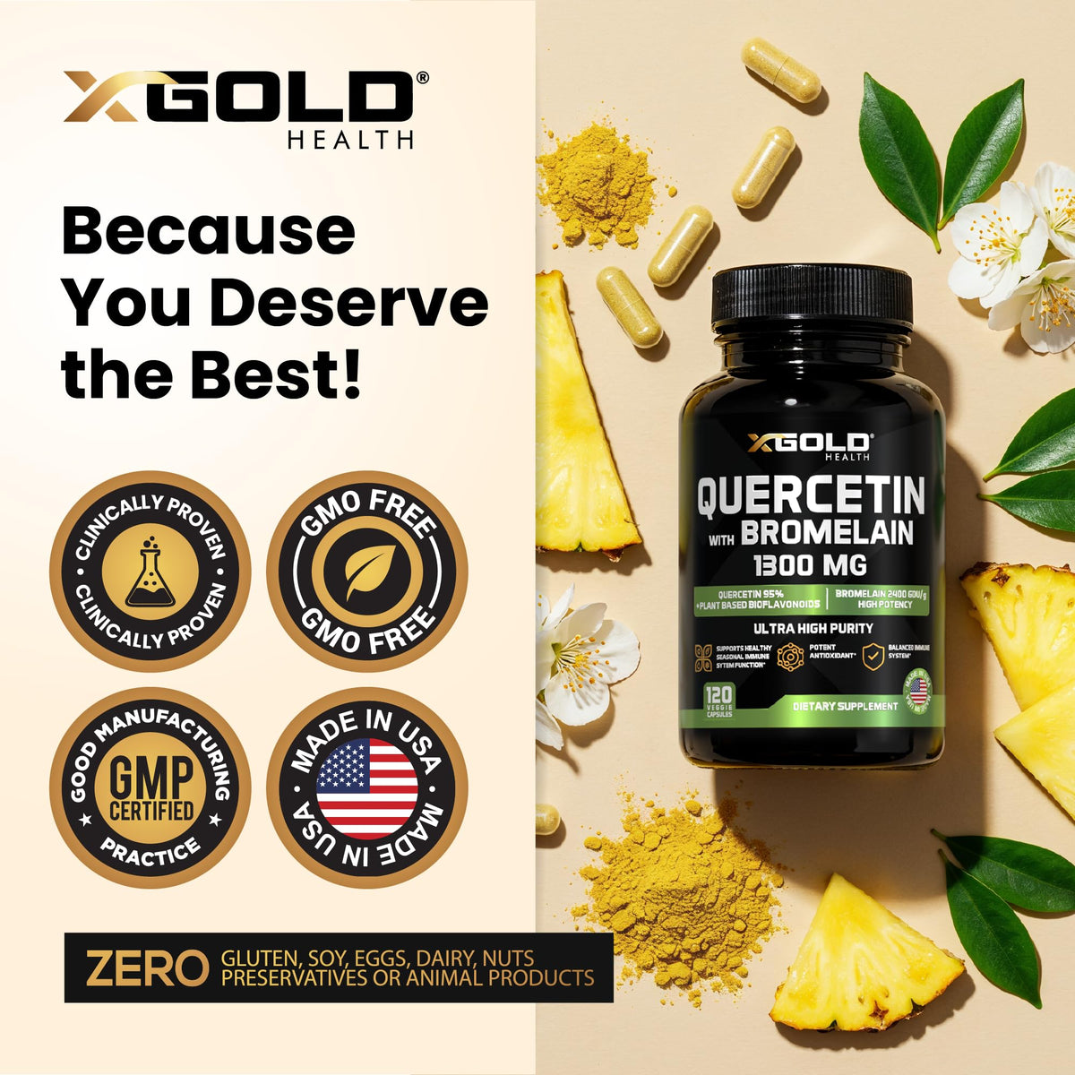 X Gold Health Quercetin with Bromelain 1300 mg - 120 Vegetarian Capsules - image 5