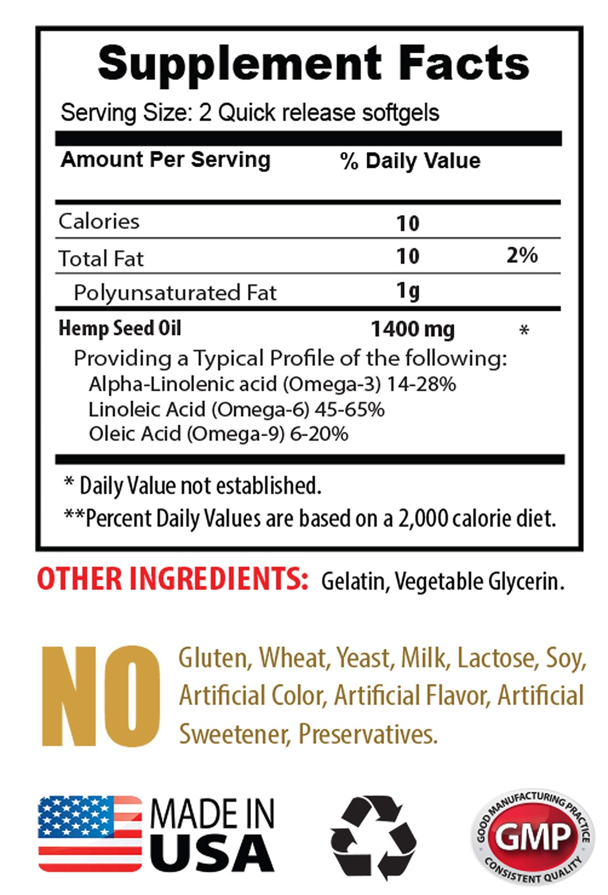 Sport Supplements Hemp Seed Oil 1400 MG Omega 3-6-9 - 180 Softgels - image 2
