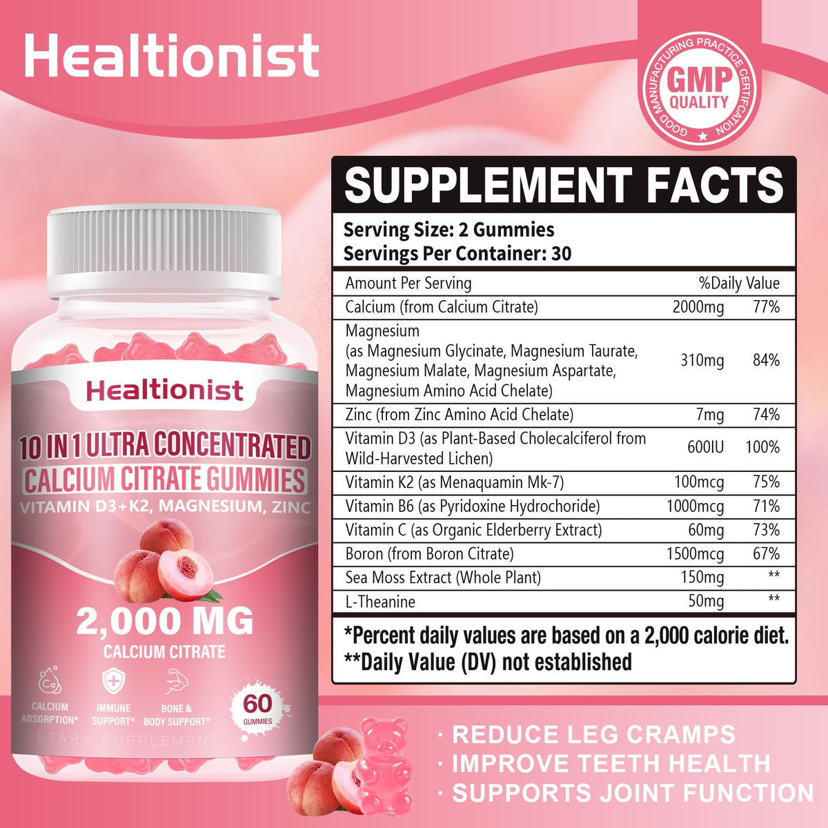 Healtionist Calcium Citrate 2000mg with Vitamin D3 K2 - 120 Gummies - image 2