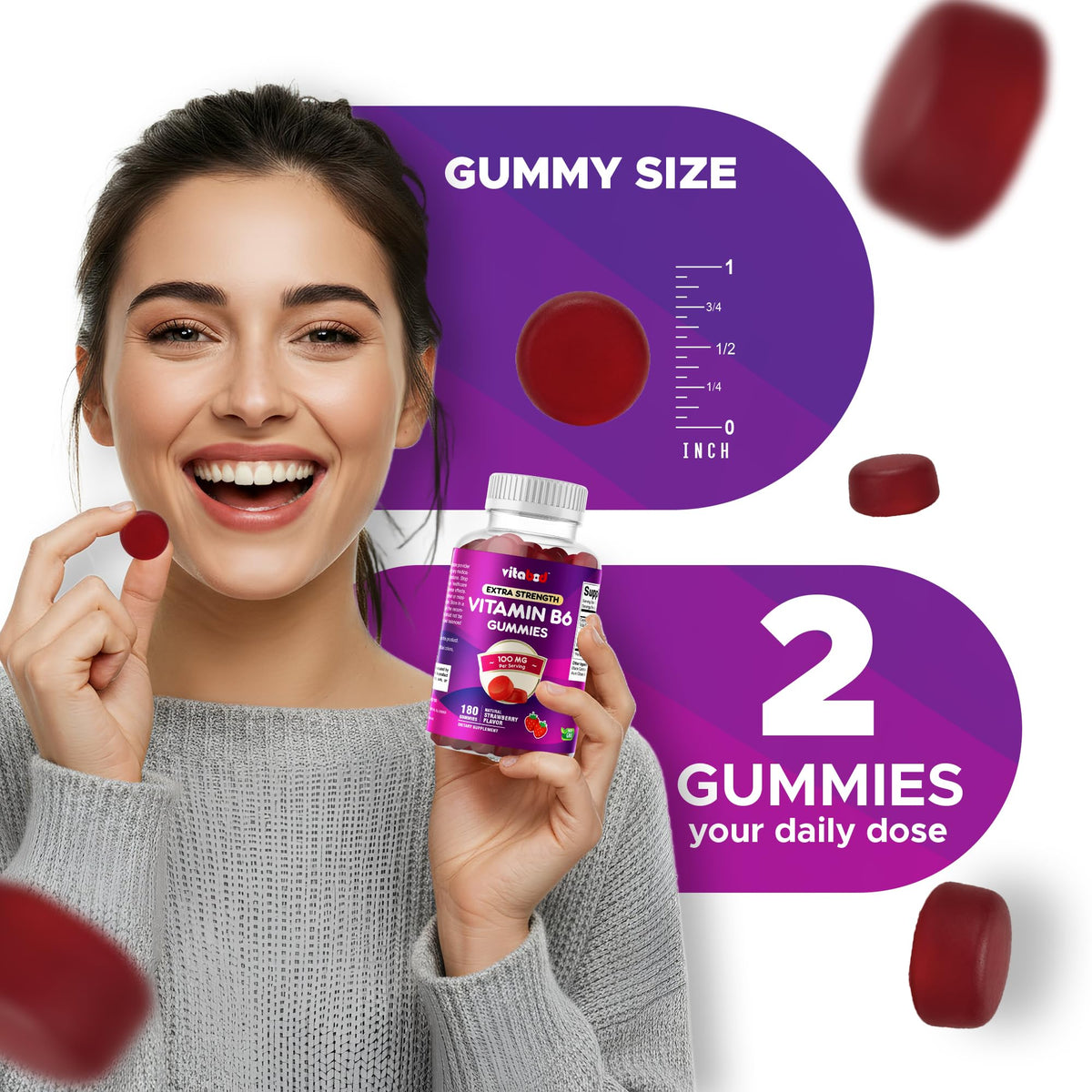 Vitabod Extra Strength Vitamin B6 Gummies 100mg - 180 Gummies - image 3