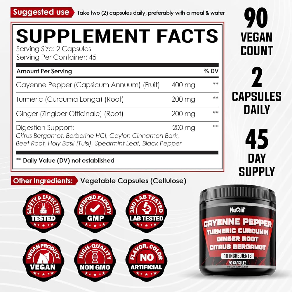NUQIIT Cayenne Pepper Supplements with Turmeric & Ginger - 90 Capsules - image 2