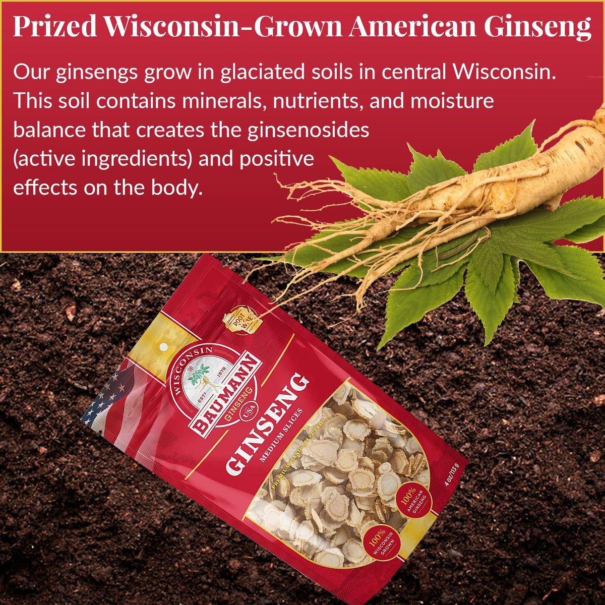 WISCONSIN ESTD 1978 BAUMANN GINSENG USA Baumann Ginseng Slice - 100%