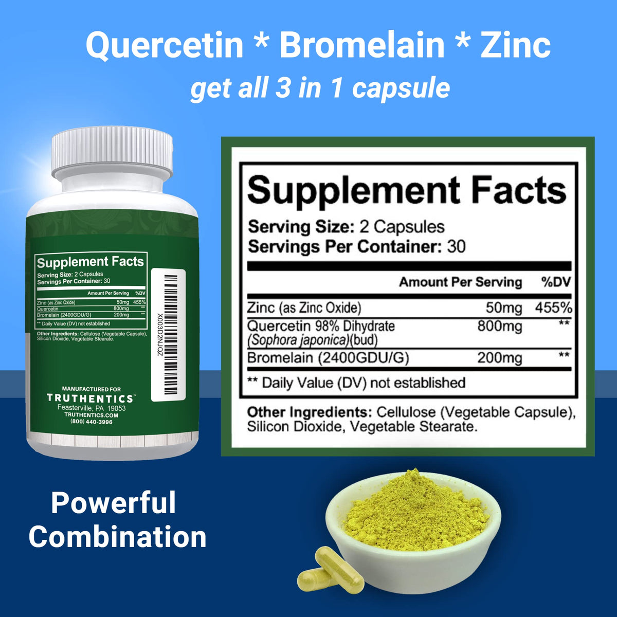TRUTHENTICS Quercetin with Bromelain and Zinc 1050mg - 60 Capsules - image 2