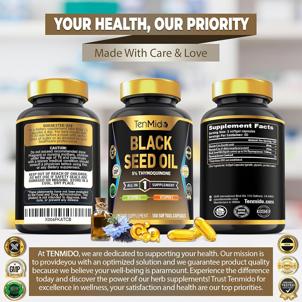 Tenmido Black Seed Oil Capsules with Vitamin C & E - 150 Softgels - image 7