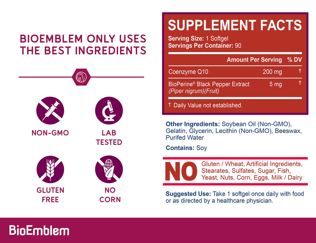 BioEmblem CoQ10 200mg with BioPerine - 90 Softgels - image 4