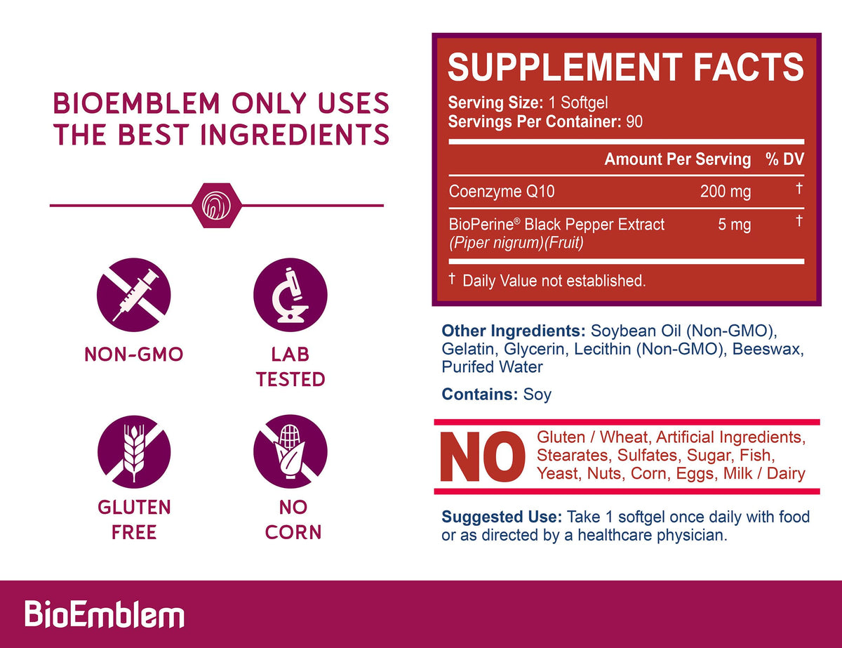 BioEmblem CoQ10 200mg with BioPerine - 90 Softgels - image 4