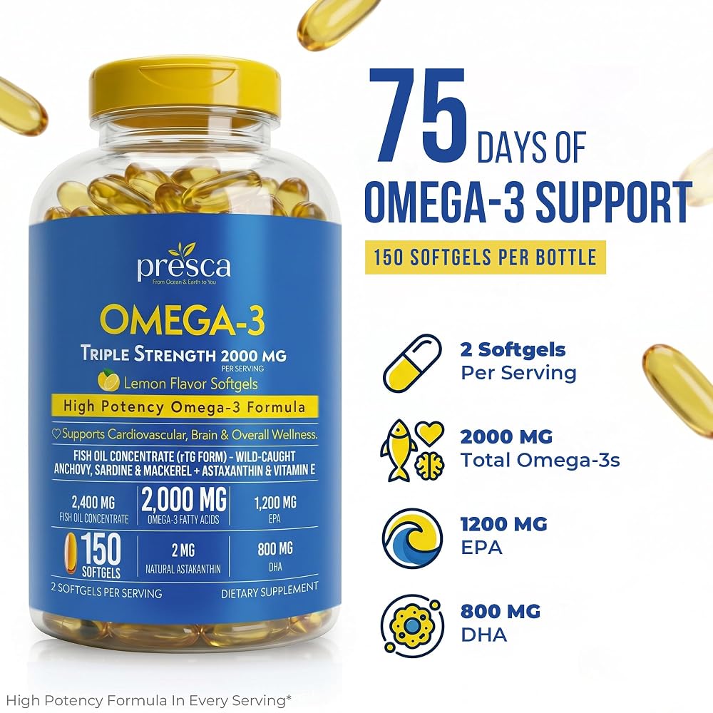 Presca Triple Strength Omega 3 Fish Oil 2400mg with Astaxanthin - 150 Softgels - image 3
