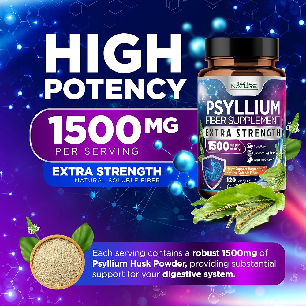 Built by Nature Psyllium Husk Capsules 1500mg Fiber Supplement