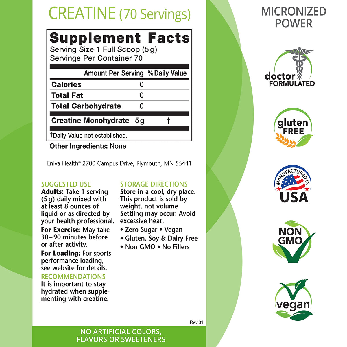 Eniva Creatine Monohydrate Powder Muscle Support - 70 Servings - image 2