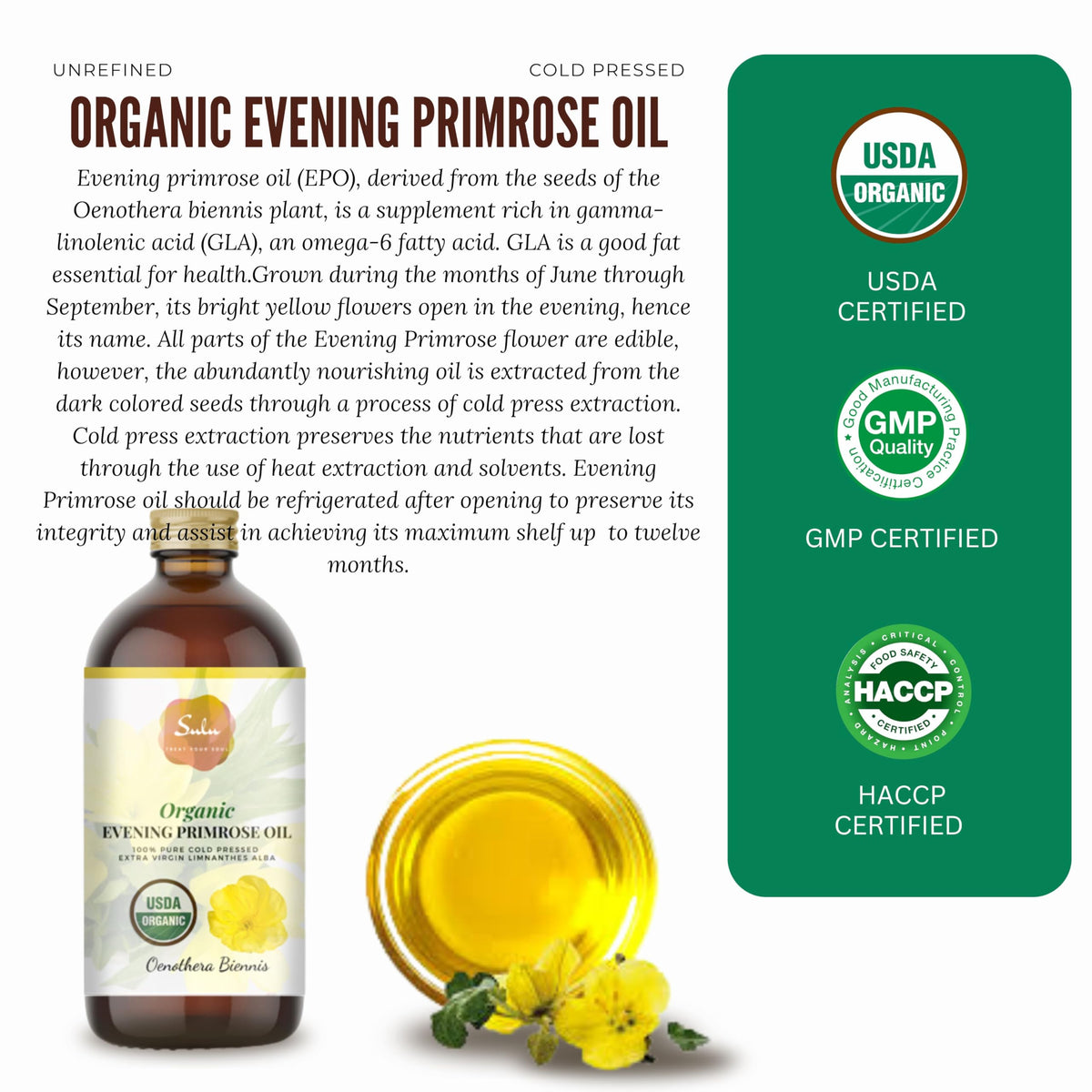 SULU ORGANICS 100% Pure Organic All Natural Evening Primrose Oil 12%
