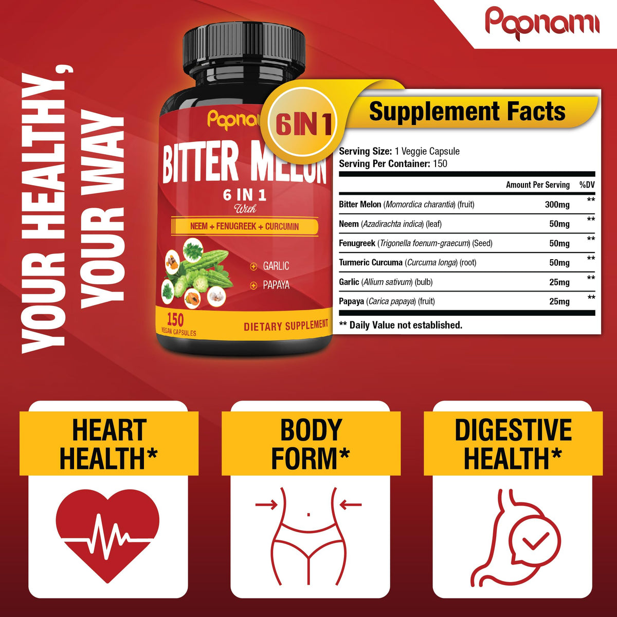 Papnami Organic Bitter Melon Extract Capsules - 150 Count - image 3