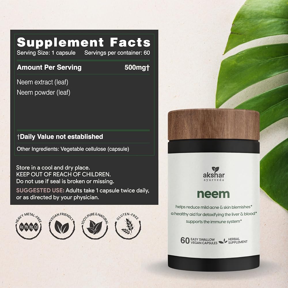 AKSHAR Ayurveda Neem Capsules, Extract & Leaf Powder - 60 Count - image 6