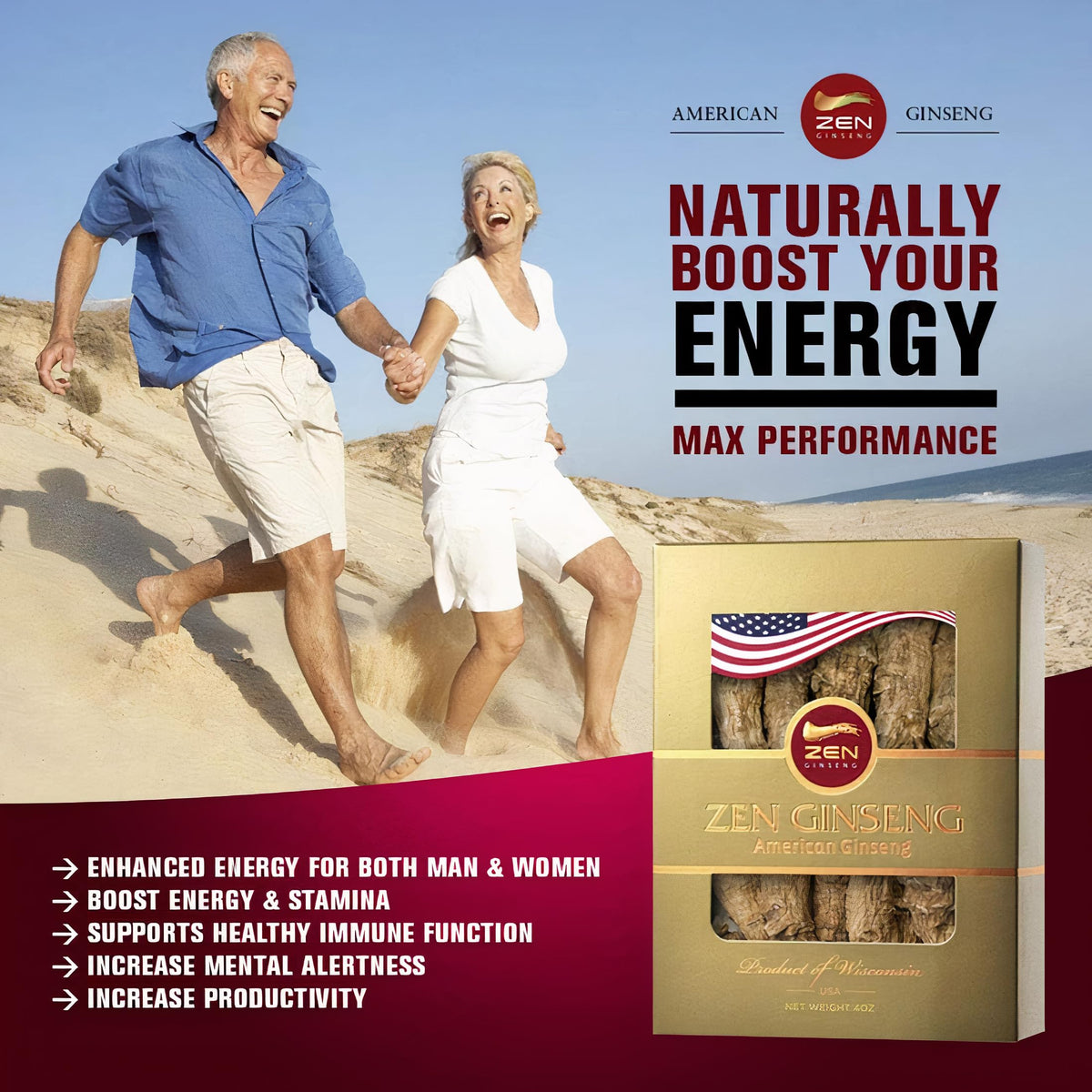 Zen Ginseng Large Short American Wisconsin Ginseng Root Boosted