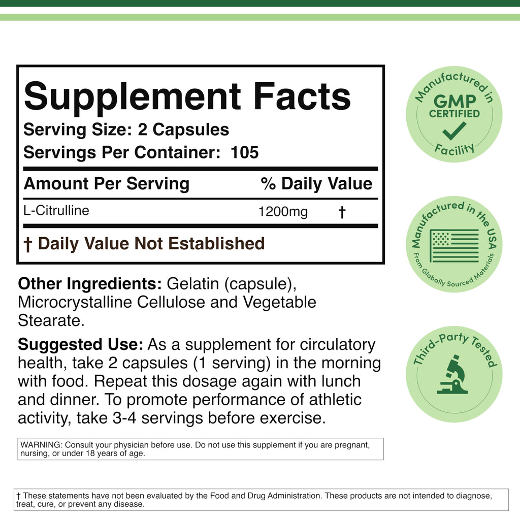 Double Wood Supplements L-Citrulline 1,200mg Nitric Oxide - 210 Capsules - image 2