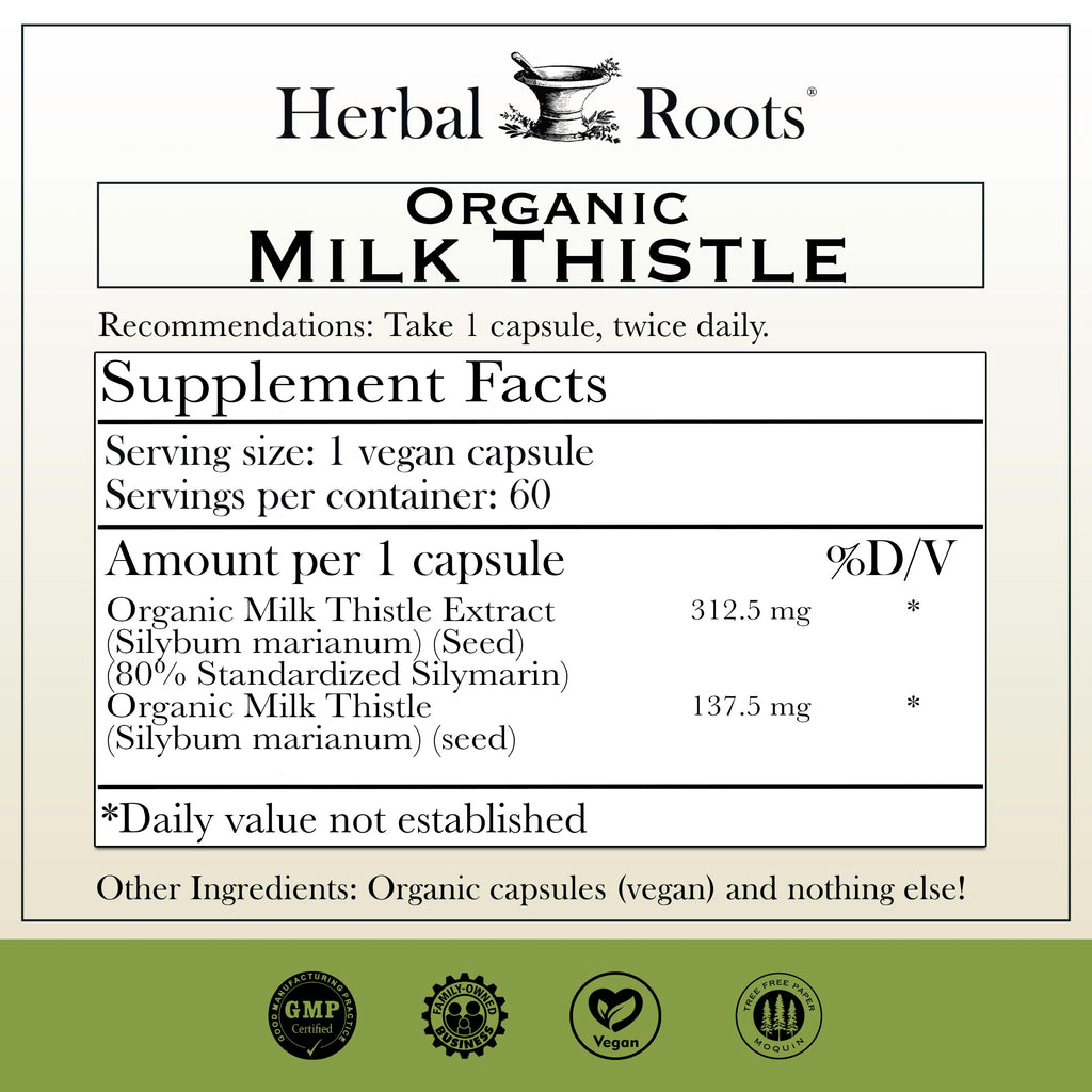 Herbal Roots Organic Milk Thistle Capsules Liver Support - 60 Vegan Capsules - image 2