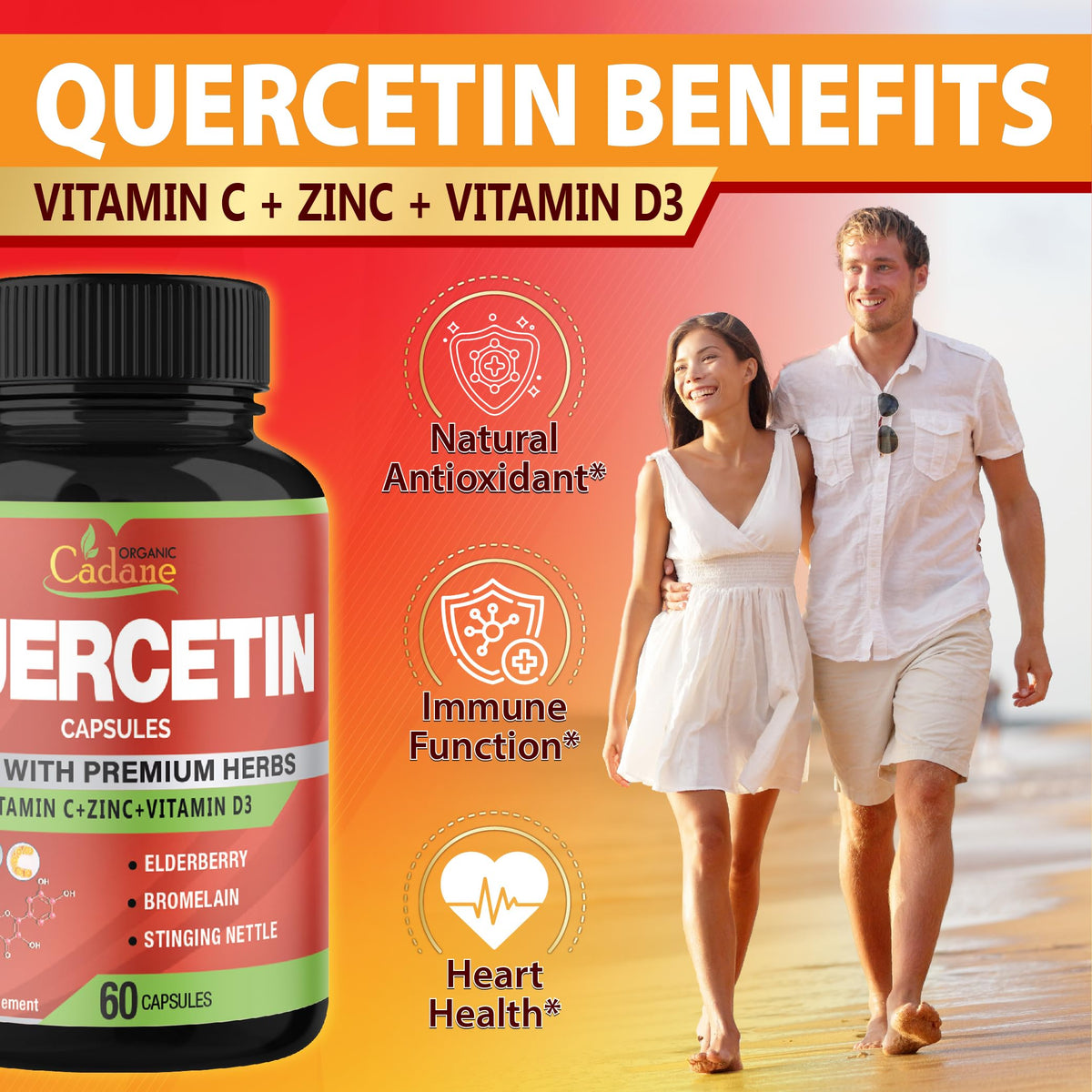 Organic Cadane Quercetin Extract with Vitamin C & D3 - 60 Capsules - image 4