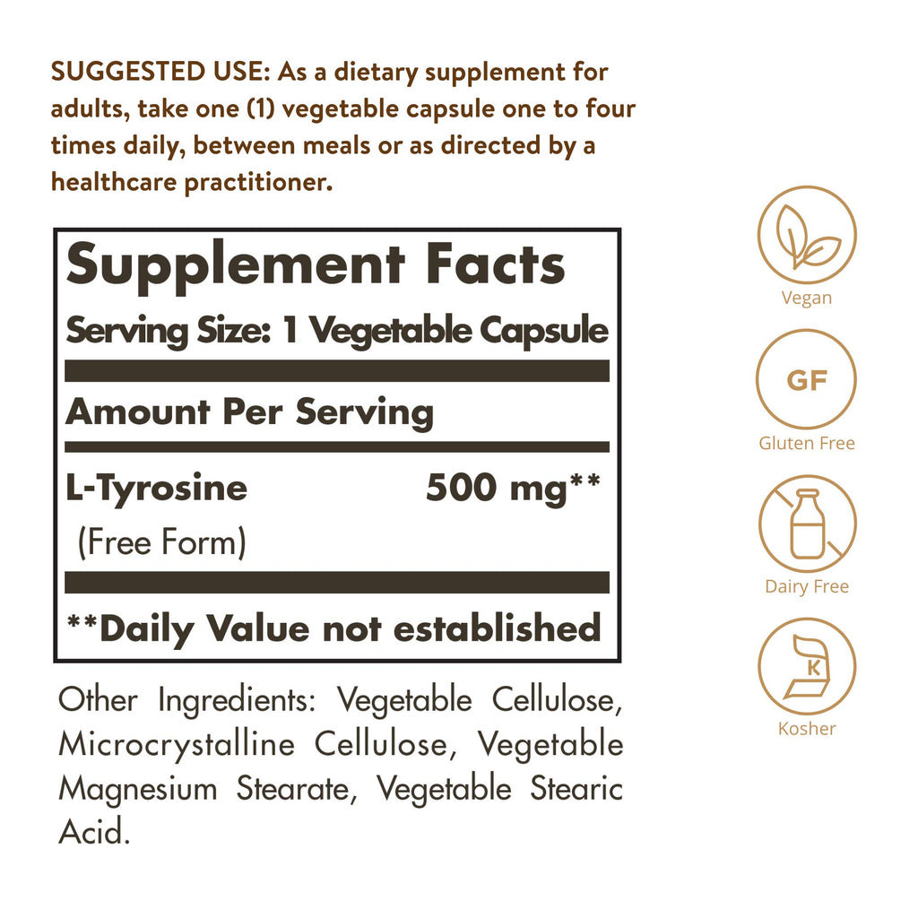 Solgar L-Tyrosine 500 mg Brain Support - 100 Vegetable Capsules - image 2