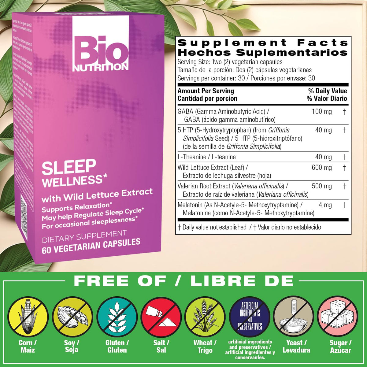 Bio Nutrition Sleep Wellness with Wild Lettuce Extract - 60 Vegetarian Capsules - image 2