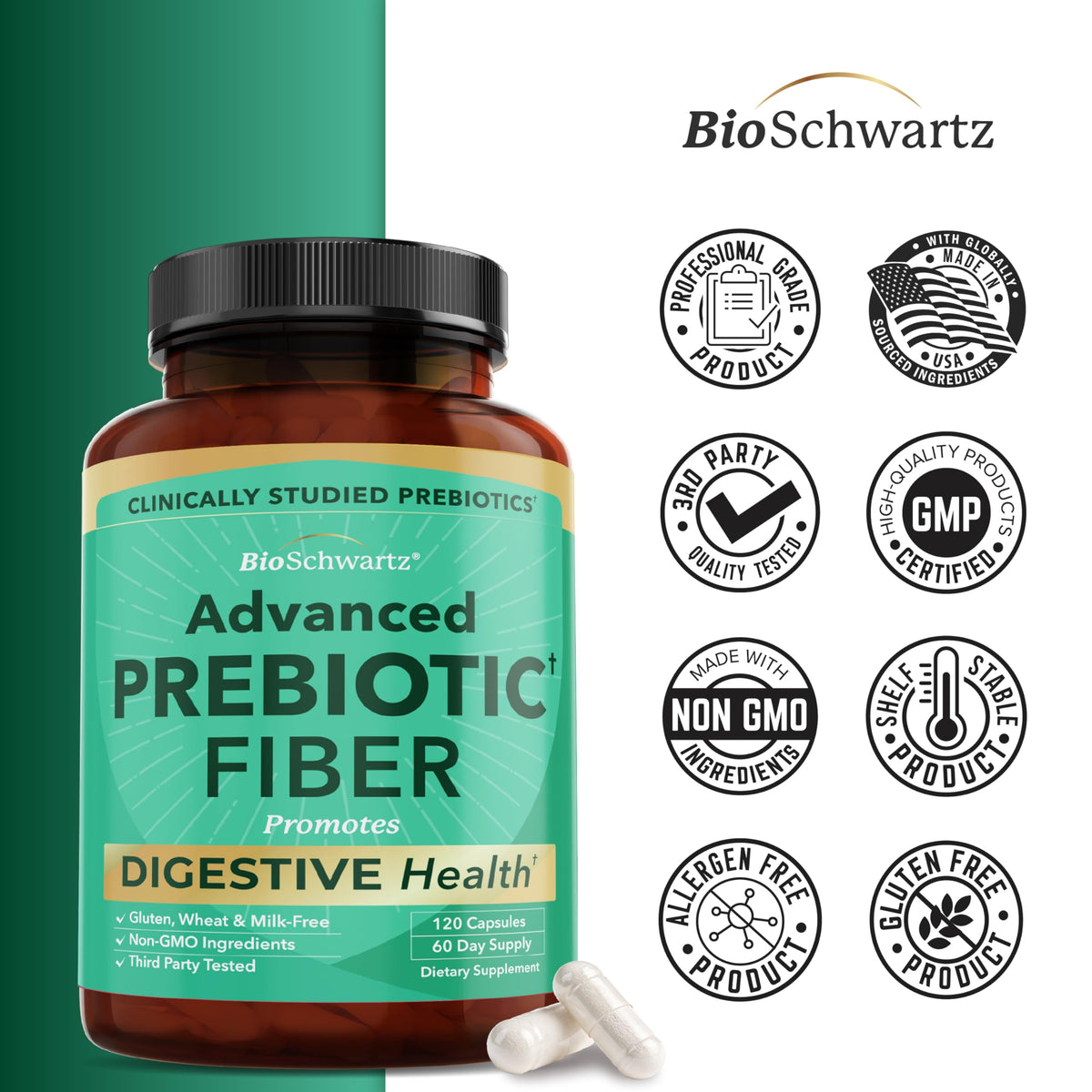 BioSchwartz Advanced Prebiotics Gut Health Supplement - 120 Capsules - image 5