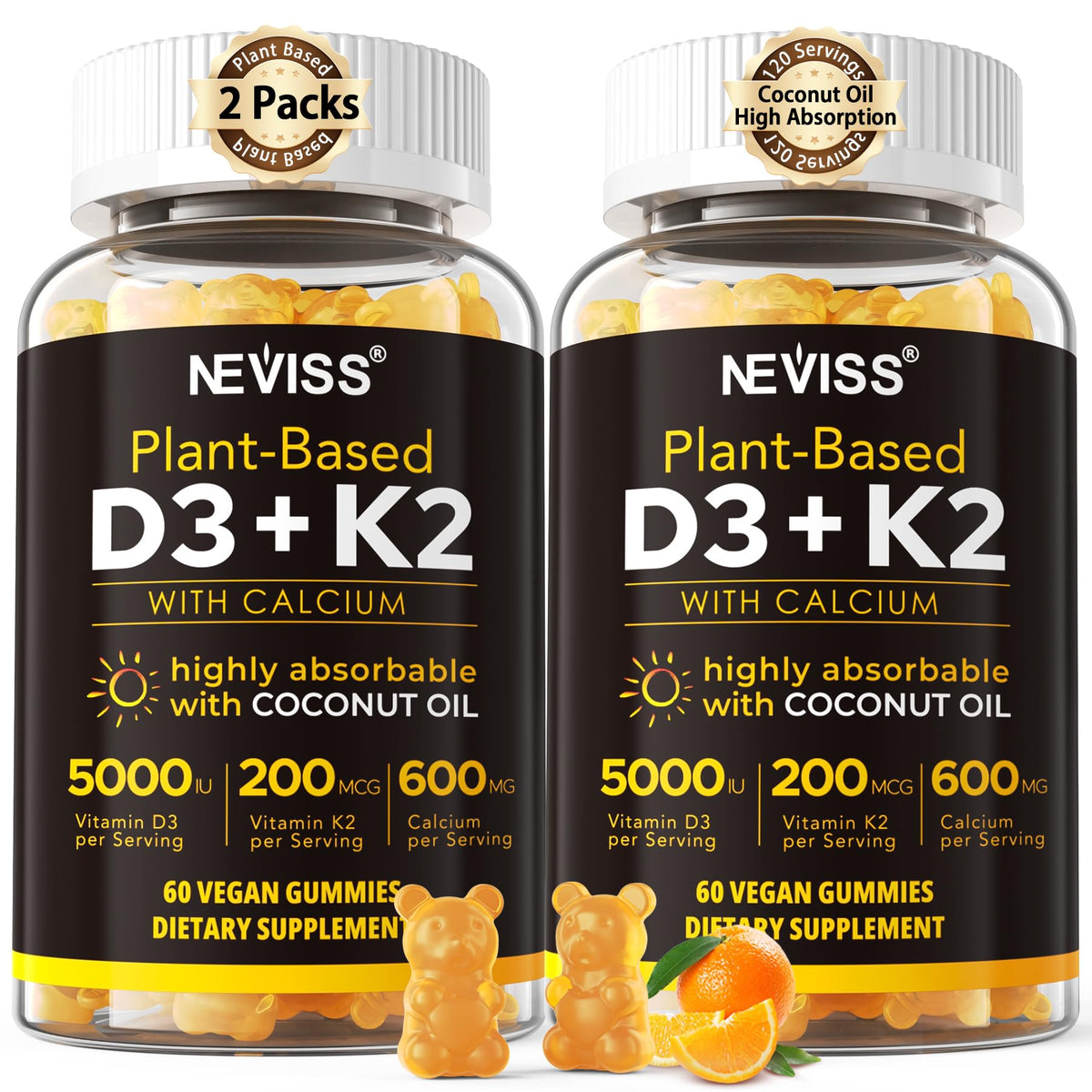 NEVISS Vitamin D3 K2 Gummies with Calcium - Vegan D3 5000 IU + K2