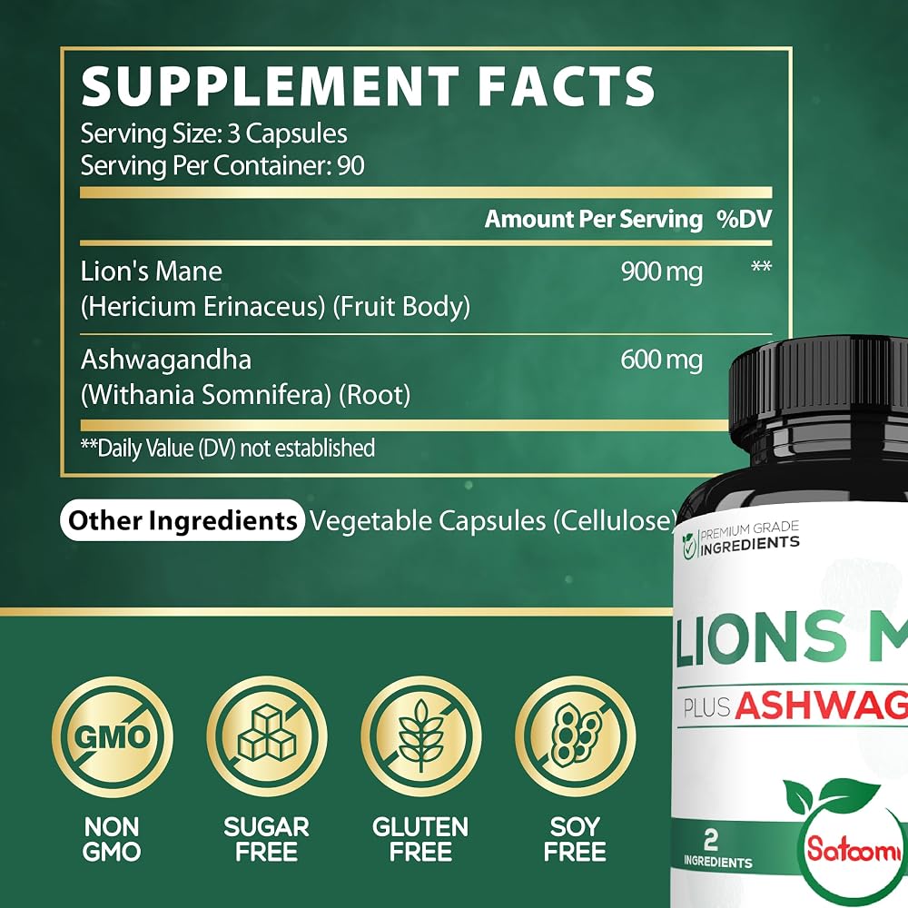 Satoomi Lions Mane Supplement with Ashwagandha and Ginkgo Biloba