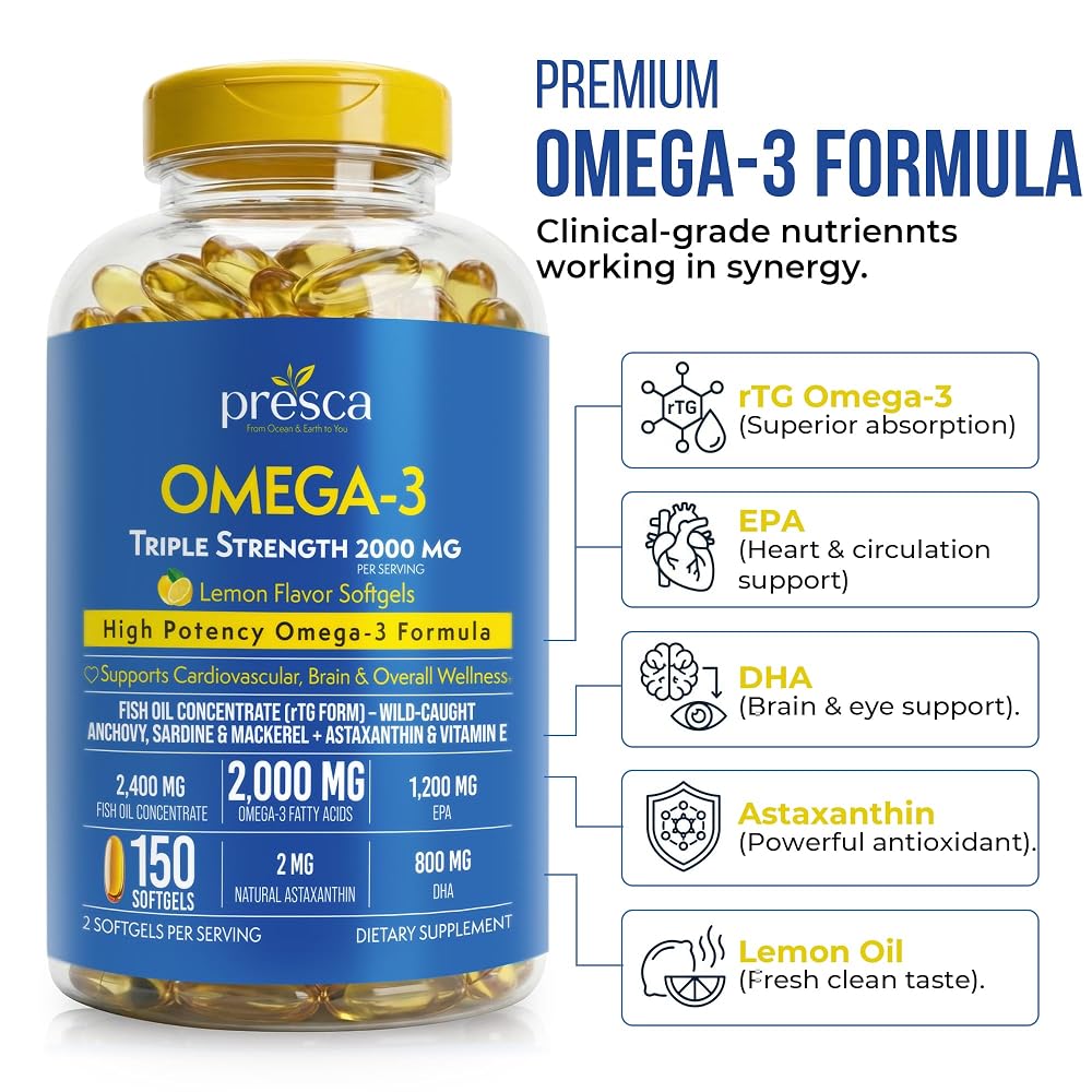 Presca Triple Strength Omega 3 Fish Oil 2400mg with Astaxanthin - 150 Softgels - image 2