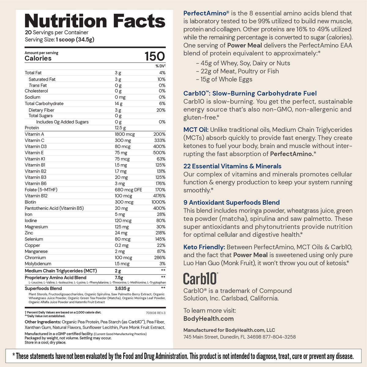 BodyHealth PerfectAmino Power Meal Vegan Protein Powder - 20 Servings - image 2