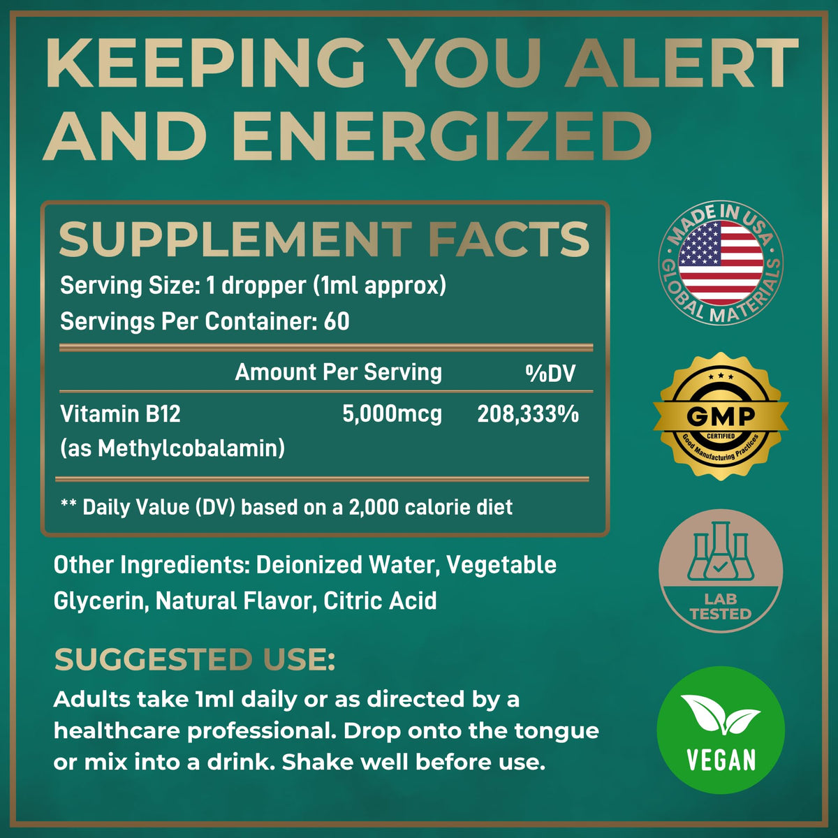 WILD FUEL Vegan Vitamin B12 Liquid Drops 5000 mcg - 2 Fl Oz - image 5