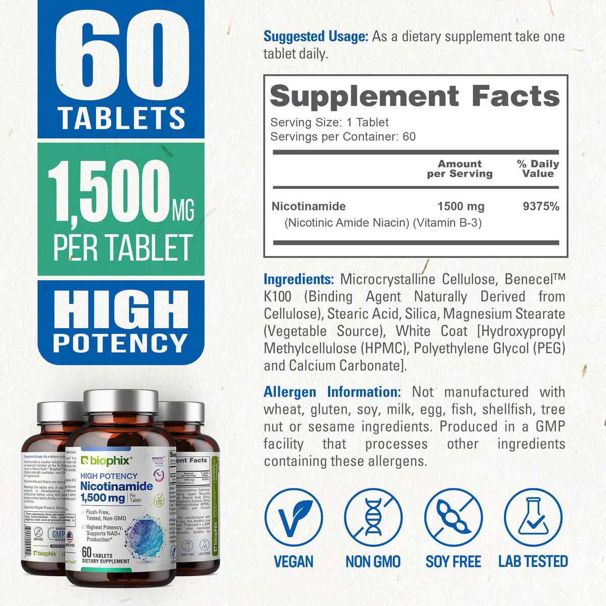 biophix B-3 Nicotinamide 1500 mg Vitamin - 60 Tablets - image 4
