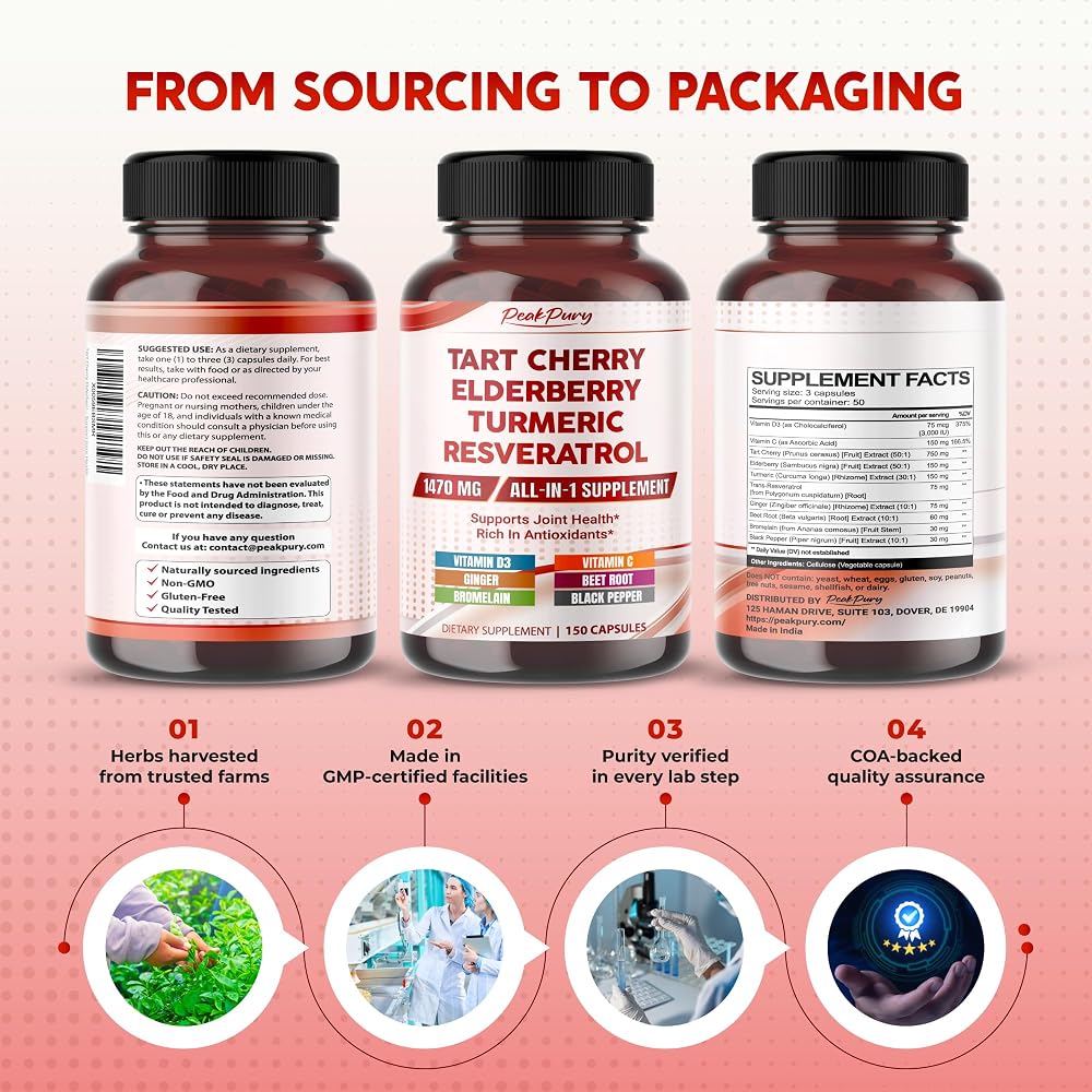 PeakPury Tart Cherry 1470mg Complex with Elderberry & Turmeric - 150 Capsules - image 9