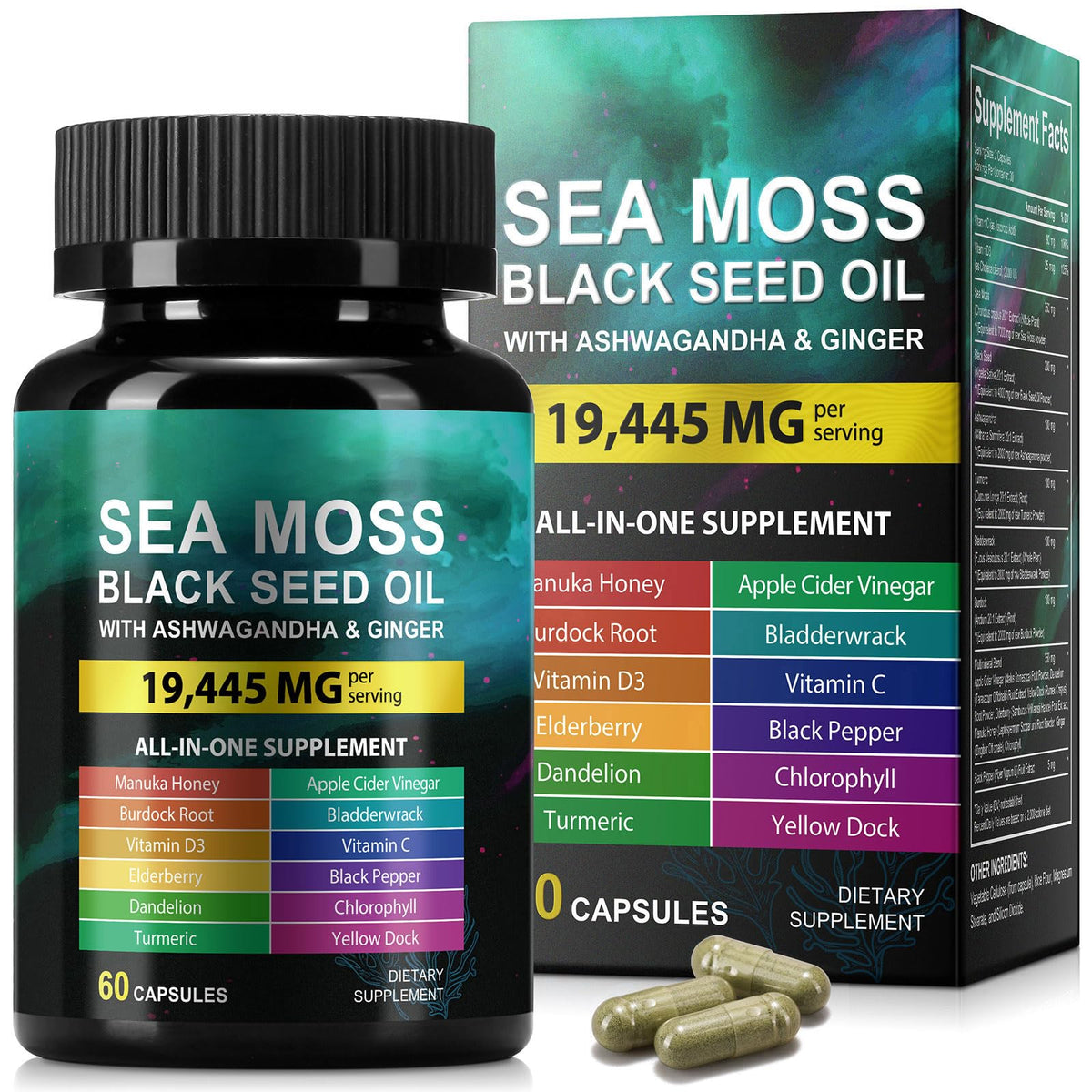HUYEHF Sea Moss Black Seed Oil Ashwagandha - 60 Capsules