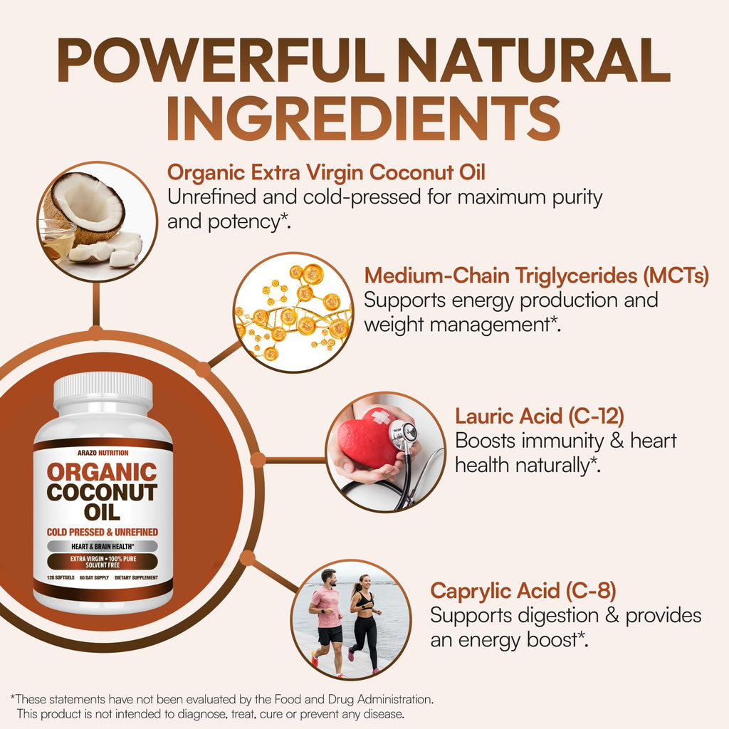 Arazo Nutrition Organic Coconut Oil 2000 MG - 120 Softgels - image 5