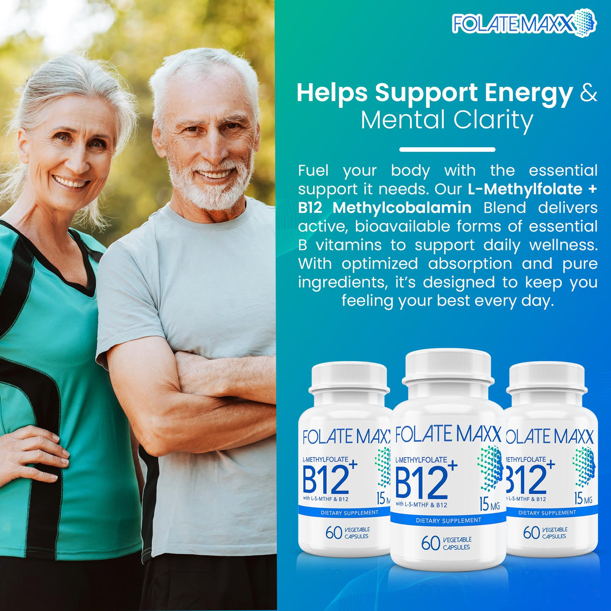 FOLATE MAXX L-Methylfolate + B12 Methylcobalamin Blend - 60 Capsules