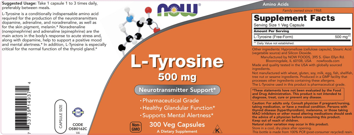 Now Foods L-Tyrosine 500mg Supports Mental Alertness - 300 Capsules - image 4
