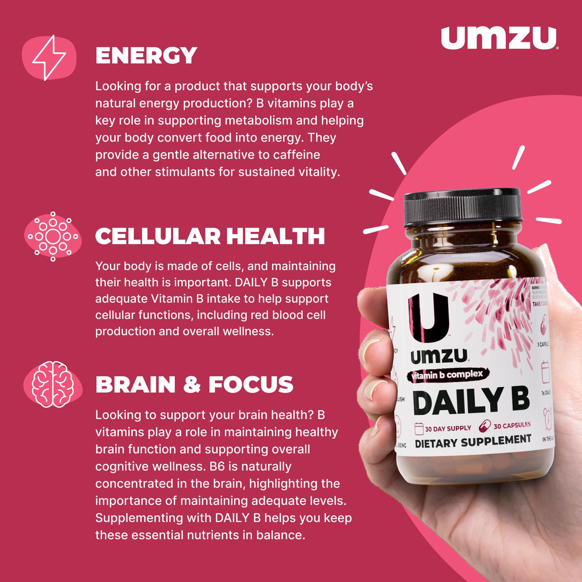 UMZU Daily B Vitamin B Complex for Energy - 30 Capsules - image 2