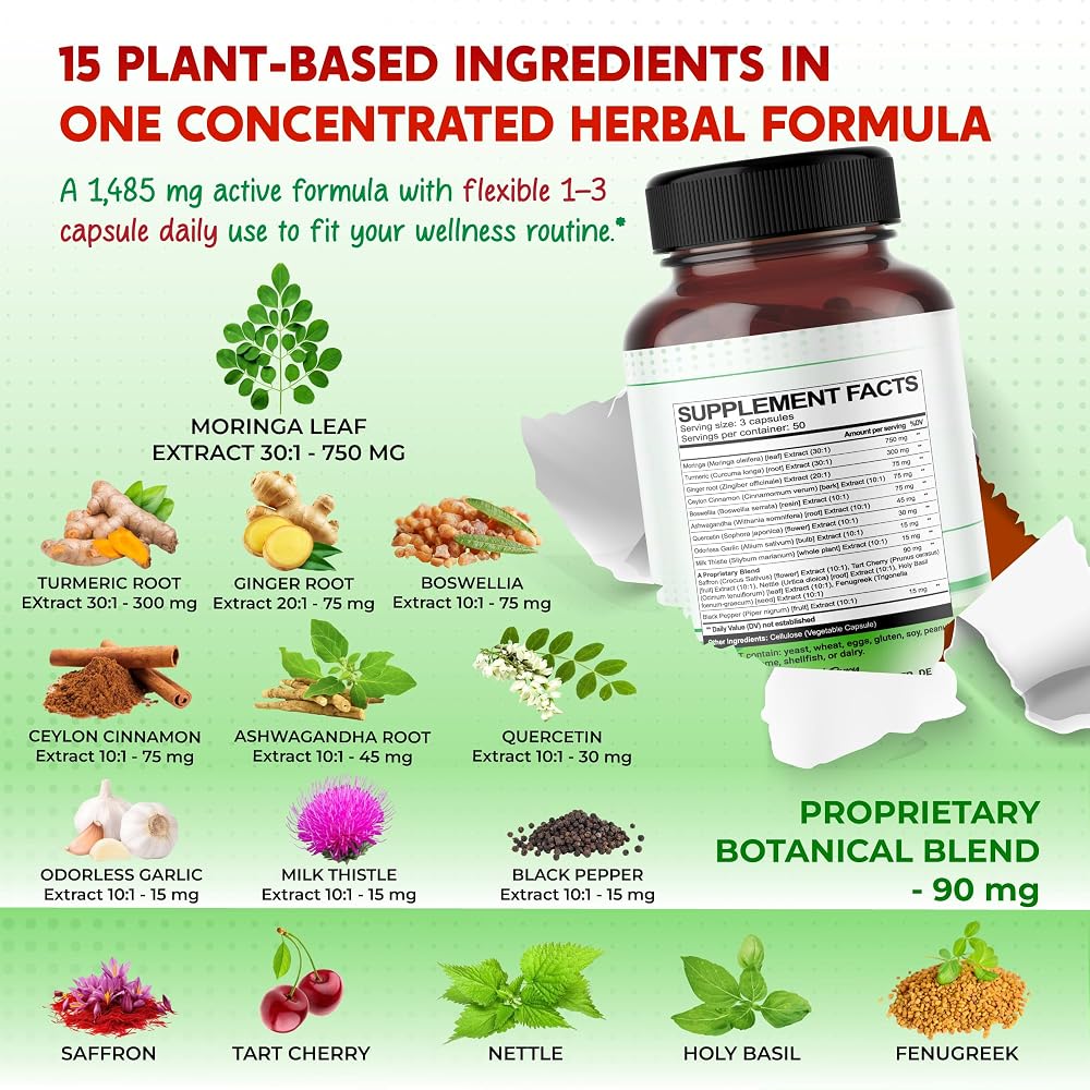 PeakPury Moringa 1,485 mg with Turmeric & Ginger - 150 Capsules - image 3