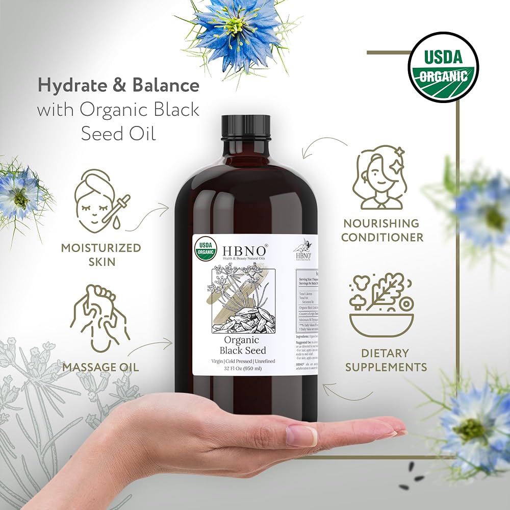 HBNO Organic Black Seed Oil - Huge 32oz (950ml) Glass Bottle Value - image 2